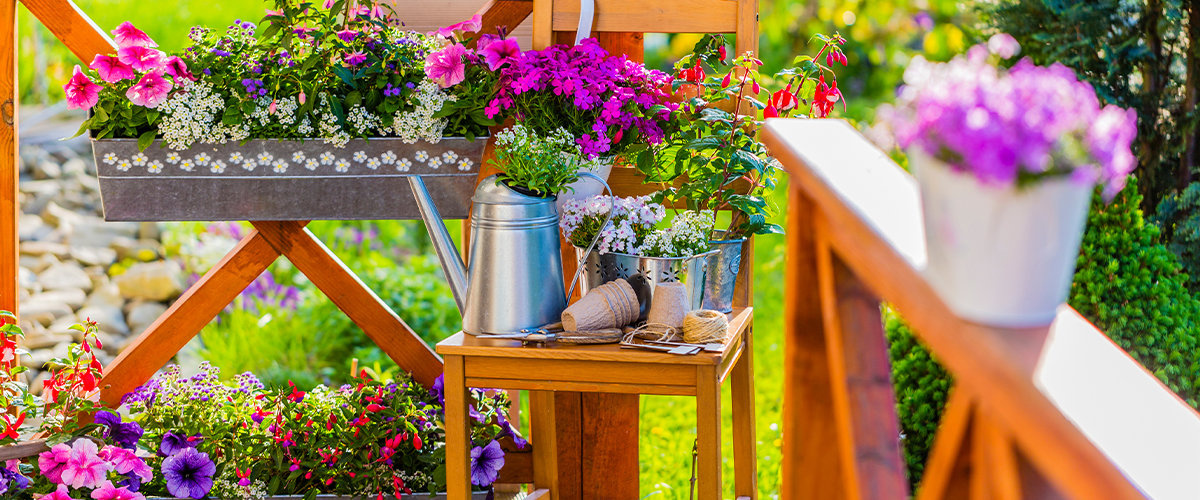 Blooming flowers in balcony boxes.