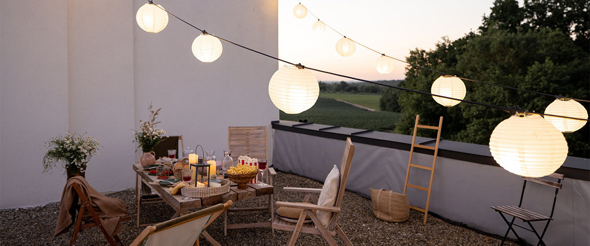 String lights over deck.