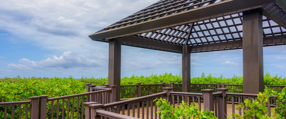 Gazebo surrounded by trees.